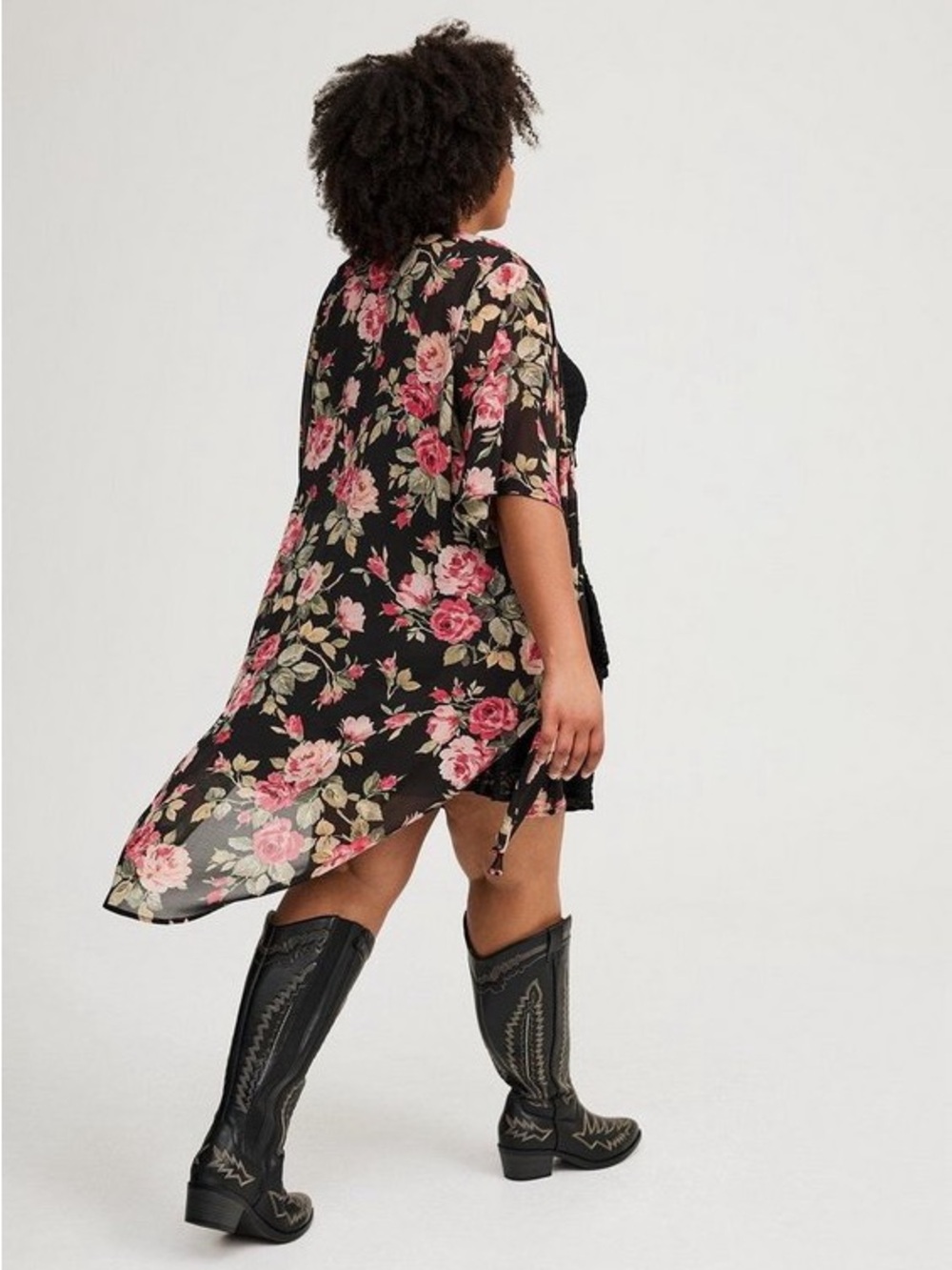 torrid Black Sheer Floral Kimono with Pink Rose Print
